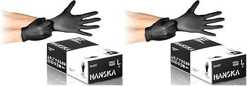 HANSKA Guantes desechables de nitrilo negros – Sin polvo – Desechar– Ambidextros – No estériles – Base de goma – Apto para ámbitos médicos, manipulación de alimentos (100, L) (Paquete de 2)