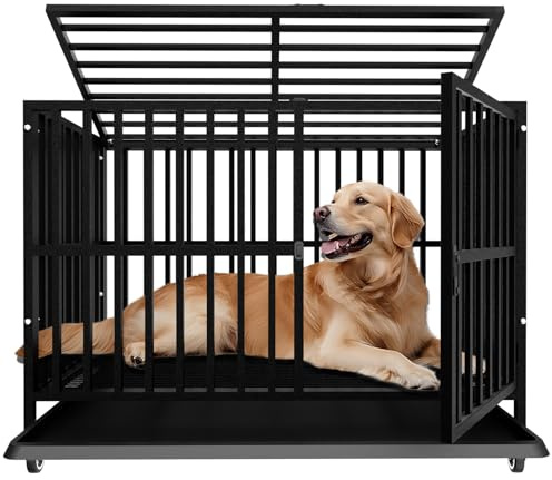 Grande gabbia per cani, canile indistruttibile per cani in acciaio legato resistente con ruote bloccabili, doppia porta e serrature robuste(Grande)
