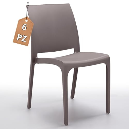 Tomaino - Sedia in Plastica Da Cucina - Set 6 Sedie Plastica Impilabili Con Braccioli Per Esterno e Interno - Sedie per Giardino, Soggiorno, Balcone o Bar - Tortora
