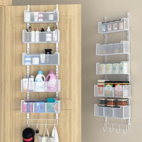 VyGrow Türorganizer, Metall-Türorganizer zum Aufhängen mit 5 verstellbaren Körben und Kleiderhaken, Aufbewahrung hinter der Tür für Schlafzimmer, Badezimmer, Vorratskammer, Küche, Weiß
