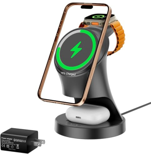 3 in 1 Wireless Charging Station for Apple Devices,Magsafe Charger for IPhone17 16 15 14 13 12 Pro/Max/Plus/Mini Wireless Charger Station for AirPods 2/3/4/Pro iWatch Ultra11/10/9/8/7/SE/6/5/4/3/2