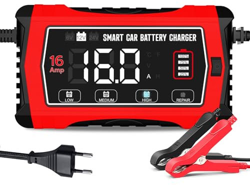 Haisito Caricabatterie per Auto 16A, Caricabatterie Automatico Intelligente 6V/12V/24V per Batterie al Piombo (AGM/GEL/SLA/EFB) e LiFePO4, Mantenitore a 10 Stadi con Schermo LCD per Auto, Moto