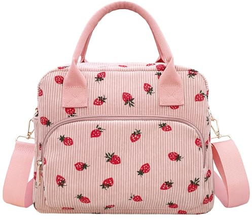 Beurlike Insulated Lunch Bag for Women Men Large Corduroy Cute Portable Leakproof Reusable Cooler Tote Lunch Bags for Work Picnic Beach(Strawberry Pink)