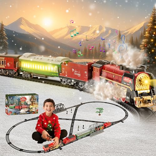 JONRRYIN Tren Electrico Juguete Niños, Trenes Arbol de Navidad Electrico con Mando, Clasico Locomotora Electrica Tren Vapor, Luces y Sonidos, Decoración de Navidad Regalos de Cumpleaños