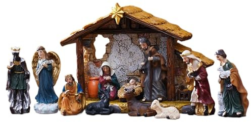 Nativity Scene Set, Traditional Christmas Nativity Set with Stable and 12 Resin Figurine, Hand Painted Religious Nativitys Manger Statue for Tabletop Decoration