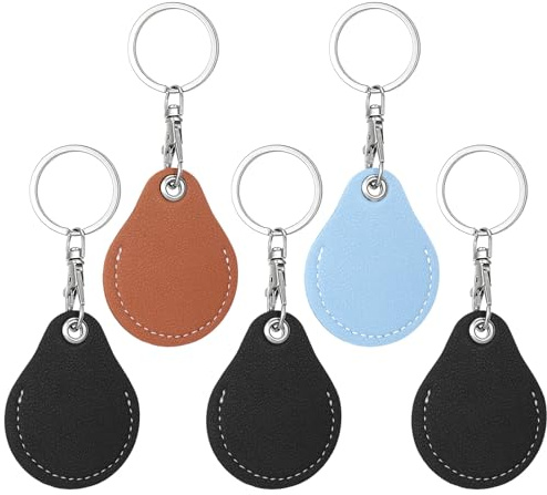 5 Pack Leather Key Fob Holder, PU Leather Key Card Case Protector with Keys Rings Car Keychain Fobs for Access Control, Car Keys, ID Cards (Black, Brown, Blue)
