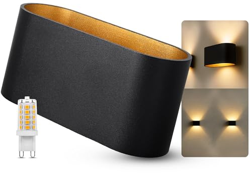 SSC-LUXon JOBERO Wandleuchte schwarz-gold Up & Down G9 3W dimmbar warmweiß | Längliche Wandlampe schwarz-gold - Up-Down-Licht dimmbar, für Wohnzimmer, Flur & Treppenhaus, inkl. G9 LED