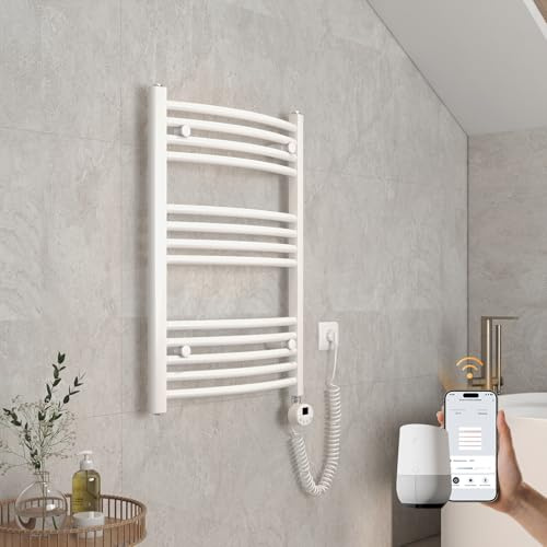 EMKE Gebogen Badheizkörper Elektrisch 750x600 mm - WiFi Handtuchheizkörper Elektrisch, Elektrischer Handtuchwärmer Handtuchtrockner Handtuch Heizkörper Bad mit Thermostat und Heizstab - 300W, Weiß