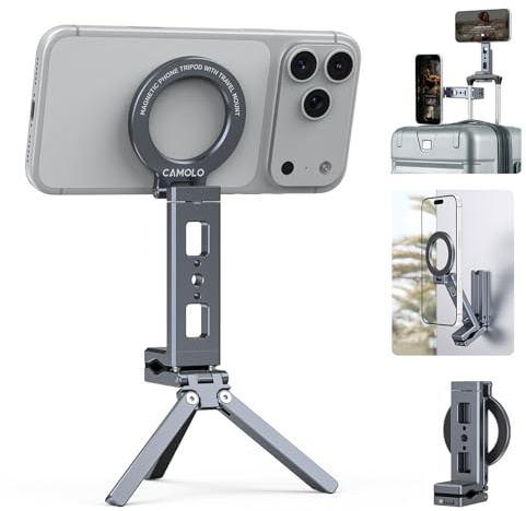 CAMOLO Magnetic Phone Tripod Mount,Portable Smartphone Holder Desk Stand with Clip & 1/4 Screw Holes,Compatible with iPhone 17/16/15/14 Pro Max Air,Fits Gym, Vlog, Airplane & Travel