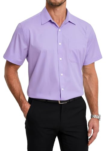 HISDERN Camicia Maniche Corte Uomo Estive Camicie Elegante da Formal in Fibra di bambù Camicia Cotone Uomo Regular Fit Business Viola Chiaro 4XL