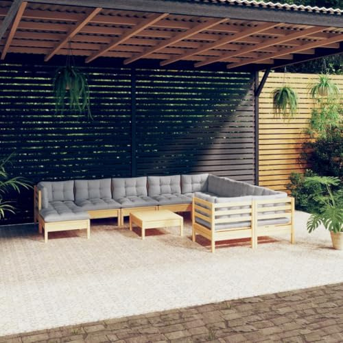 QJBSAVVA 11-teiliges Gartenlounge Set aus massivem Kiefernholz 63,5 cm Sofa Eck und Mittelteile mit grauen Polstern Modernes Modulsystem für kleinen Balkon Terrasse und Garten