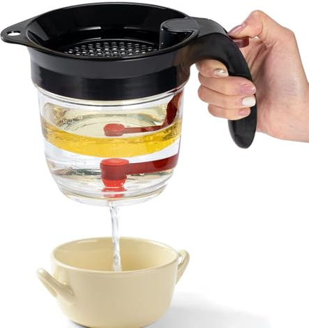 Fetttrennkanne 1000ml, Fettabscheider für Soßen, Herausnehmbarer Filter, Doppelfiltrations, Ein Knopf Pressefreigabe Spender für Küche