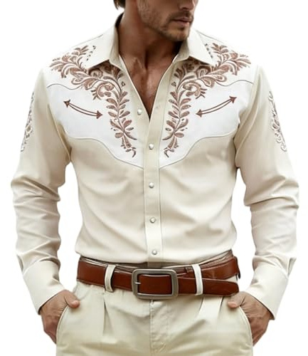 Chemise pour homme style cowboy occidental impression 3D blanche – Vintage Chemises médiévales brodées aspect manches longues hommes carnaval costume fête haut coupe droite