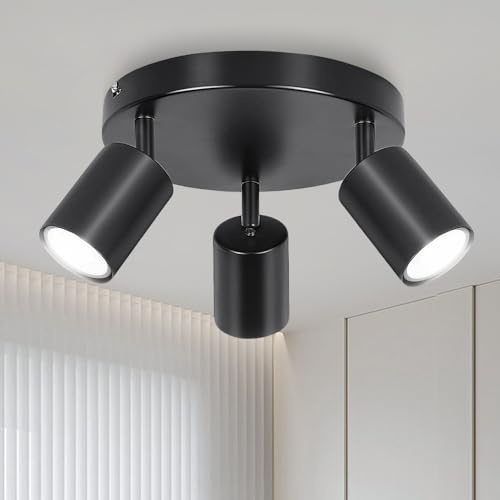 Ccarzzi 3 Way Spotlight Ceiling Lights, Rotatable Matte Black Ceiling Spotlight Fitting, GU10 Industrial LED Ceiling Light for Kitchen, Bedroom, Living Room, Hallway, Bulb Not Included
