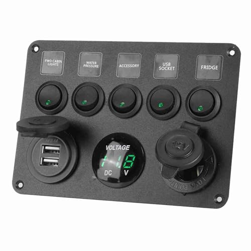 Drfeify Pannello Interruttori a Levetta LED a 5 Gruppi, Interruttore a Bilanciere in Lega di Alluminio con Protezione da Sovraccarico per, Auto, Camion e Yacht 12V 24V (GREEN)