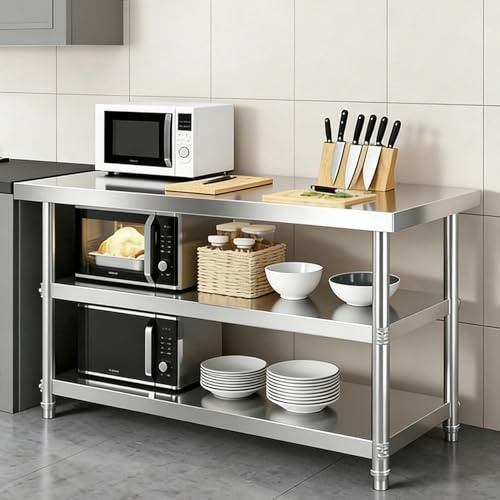 KCCRHIN Tavolo da Lavoro in Acciaio Inox A 3 Livelli, Piano di Lavoro Professionale per Alimenti/Carne, Banco da Lavoro Inox Cucina Commerciale per Ristoranti, Hotel, Bar, Scuole,100x40x80cm