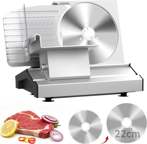MoraRise 0-20mm Electric Meat Slicer for Home Use - 250W Professional Food Slicer with 2 x 22cm Stainless Steel Blades (Serrated & Smooth) - for Deli, Meat, Cheese & Bread (Silver, 22cm)