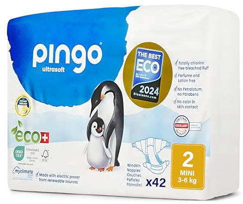 Pingo Pañales Ecológicos Talla 2 Mini (3-6kg), 1 bolsa de 42 pañales