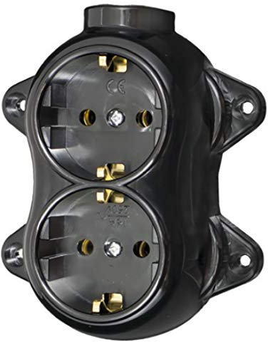 Double prise de courant - Rétro - 16A-250V - Montage en saillie - Laiton épais - Noir