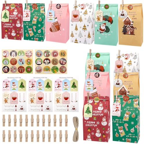Adventskalender zum Befüllen Kinder, Yomisee Adventskalender Selber Befüllen mit 24 Tüten und Zahlenaufklebern DIY Weihnachtskalender zum befüllen