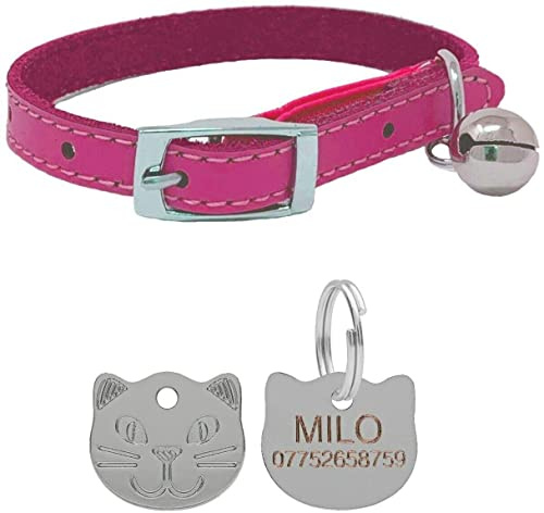 Katzenhalsband aus echtem Leder, mit Sicherheitsgummi und Glöckchen, mit persönlicher Gravur, Rosa