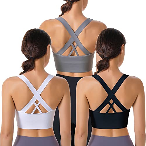 Evercute Sport-BH för kvinnor, vadderad, medium stöd, korsade remmar, sömlös, hög belastning, yoga, träning, sportbehå, svart, vit, grå, 3 stycken, liten, Svart, vit, grå, 3 stycken, S