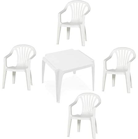 Hline Kinder Garten Sitzgruppe Tisch mit Stühlen Gartenstuhl Sessel (1 Tisch 4 Stühle weiß)