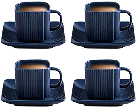 Tasse à thé tasse à café carrée service à thé en porcelaine bleue théière en céramique 21 oz service à café service à thé avec infuseur en acier inoxydable couvercle en bois, 4 oz 4 soucoupes pour fl