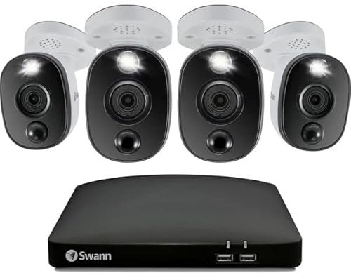 Swann Home DVR Security Camera System with 1TB HDD, 8 Channel 4 Camera, 4K UHD Video, Indoor or Outdoor Wired Surveillance CCTV, Color Night Vision, Heat Motion Detection, LED Lights, 856804