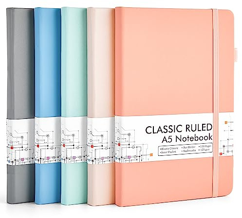 feela Notizbuch A5 liniert Hardcover, 5 buntes Notizbücher Set, Journal Buch mit 5 Gelstifte schwarz, 120 GSM, 13x21cm, Notizblock Set geeignet für Büro, Schule, für Kinder und Erwachsene, Din A5
