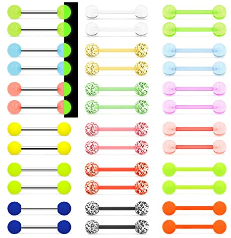 MixPiercing 36Stk Zungenpiercing Kunststoff Leuchtend im Dunkeln Piercing Zunge Nippelpiercing Brustwarzen Piercing Plastik Acryl Neon Farben Kugel 16mm 1,6mm