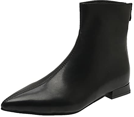 Momolaa Women Pointed Toe Flat Ankle Boots Booties Low Heel Sexy Black 5