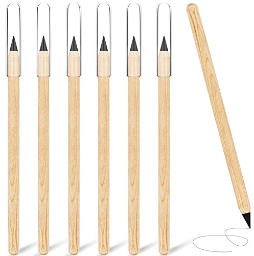AUAUY 6 PCS Inkless Pencil, Infinity Reusable Everlasting Erasable Portable Technology Unlimited Eternal Pencil for Writing, Drawing, Students Home Office School Supplies, 6PCS wooden