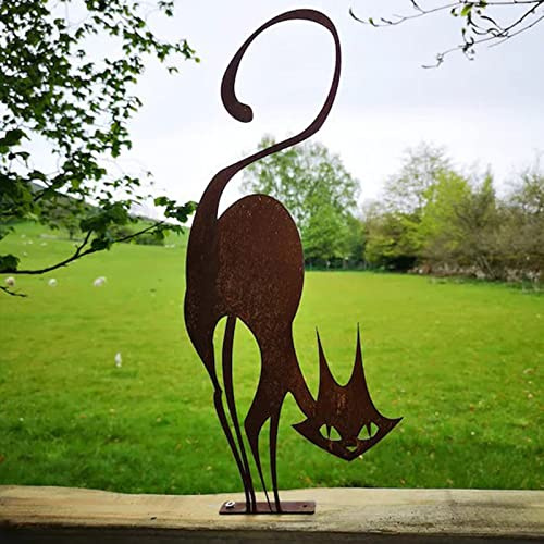 Rost Katze Gartendeko Gartenstecker Katze Gartenfigur für Draußen Rostoptik Frühlingdeko Outdoor Roststecker Metall Tierfigur Edelrost Dekofigur Gartenstecker für Garten Terrasse (A, One Size)