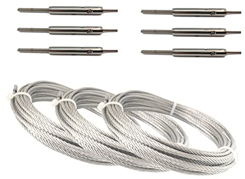 DIY Niro Spannseil Set - Schraubterminal M6 & Gewindebolzen – 3x Rechtsgewinde, 3x Linksgewinde, 3x 5m -3mm Ø Drahtseil (= 3 Sets)