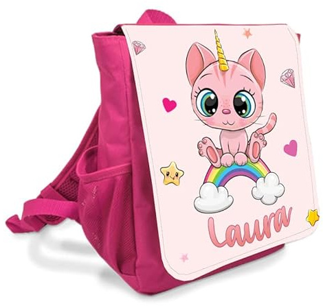 Générique Sac à dos personnalisé avec prénom – Motifs variés | Sac enfant pour crèche et école maternelle | Bretelles rembourrées, légères | 6L, Rose, Bleu, Rouge (Chaton rose)
