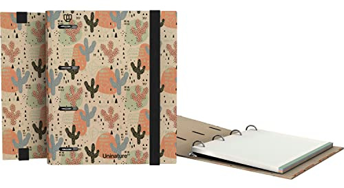 Unipapel - Ökologischer Ordner mit 4 Ringen, A5, inklusive Ersatzmine, 90 recycelte Blätter, 90 g, kariert, 5 x 5 Farbbänder, Uninature Design Kaktus, FSC Recycled 100%, Ordner