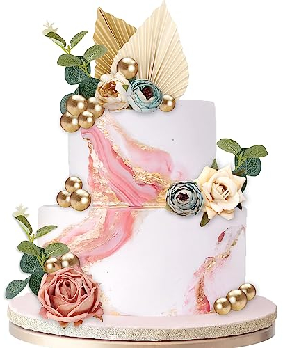 24Pcs Cake Decorations Sets, SPOKKI 4 Pack Paper Palm Cake and 10Pcs Artificial Flower Leaves, Balloon Cake Topper Foam Ball Cake Picks Cupcake Faux Pearl Balls for DIY Birthday Party Wedding
