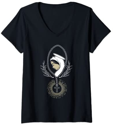 Damen Rosenkranz mit der Jungfrau Maria! Rosenkranz Christentum Kirche T-Shirt mit V-Ausschnitt