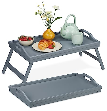 Relaxdays Vassoio per Colazione a Letto, Set da 2, Tavolino con Gambe Richiudibili, bambù HLP: 24 x 60 x 30 cm, Grigio