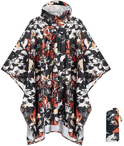 Anyoo Vattentät regnponcho, lätt, återanvändbar regnrock för vandring, med huva, för utomhusaktiviteter, en storlek, Blommor, one size