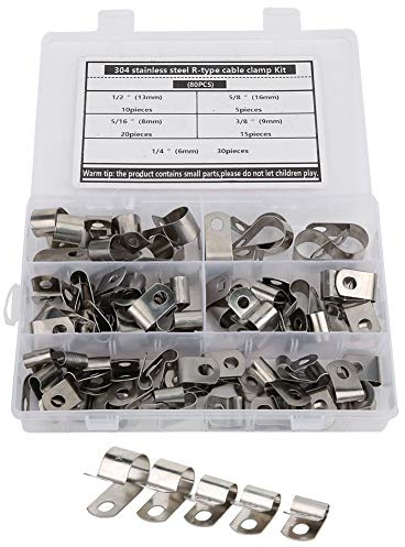 Kit Surtido de Abrazaderas para Cables Clip para Cables Acero Inoxidable 80 Piezas Clip Tipo R Kit de Abrazaderas para Cables Piezas de Hardware 304 Acero Inoxidable Resistente 6