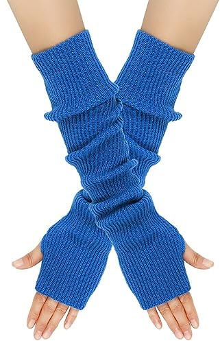 Surakey Winter Gestrickte Handschuhe für Damen, 1 Paar Fingerlose Armstulpen Feinstrick lang Handwärmer Stulpen, Warm Strick Handschuhe Pluswärmer Handstulpen Armwärmer Stulpen für Damen,Blau
