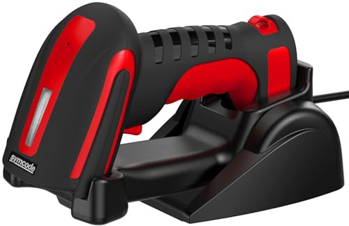 Symcode 2D Industrial Barcode Scanner with Stand 433 Wireless 1968 Feet Transmission Distance USB QR Automatic Barcode Reader Handhold Hands-Free Bar Code Scanner with Charging Base Red