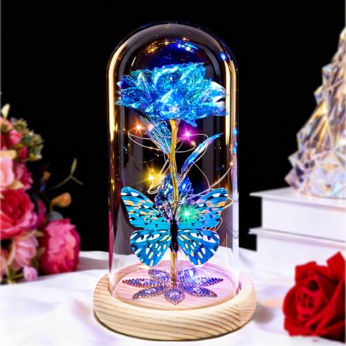 Beferr Rainbow Light Up Flower Gift for Women Blue Galaxy Rose Gift for Her | Double-Llayer Butterfly In Glass,Gifts for Mother,Wife,Daughter,Grandma,Birthday Gifts for Women,Christmas,Valentine's Day
