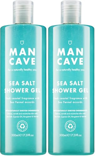 ManCave Sea Salt Shower Gel 500 ml for Men, Refreshing Coastal Aroma, Natural Formulation, Sulphate and Paraben Free, Vegan Friendly, Shower Gel for men (Pack of 2)