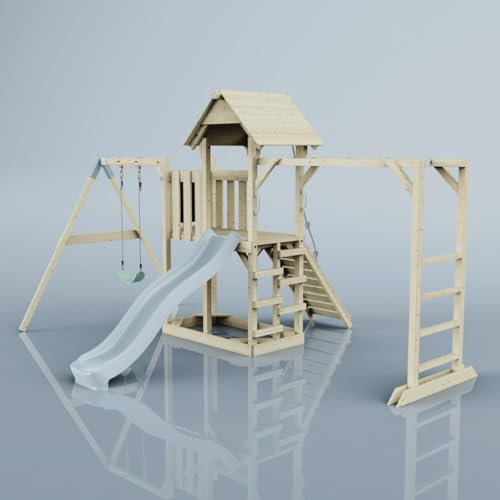 Rebo Spielturm mit Wellenrutsche aus Holz | Outdoor Klettergerüst mit Kinderschaukel, Hangelstangen, Plattform und Kletterseil