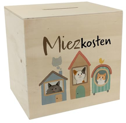 Katzen Spardose aus Holz mit Spruch Miezkosten Für Katzenmensch Sparen leichtgemacht im Miezhaus Glückskatze Design Ideal für Haustierfans Mieten miete