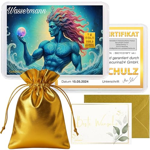 Goldschulz Goldbarren 1g 1 Gramm Motivbox - Sternzeichen Wassermann - Geschenk + Echtheitszertifikat