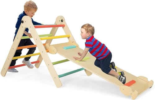 GOPLUS 4 en 1 Triángulo Escalada Montesorri Plegable con Tobogán, Rampa de Escalada, Juego de Interior con Escalera Triangular para Niños de 3 a 9 Años, Carga 60 KG (Multi)